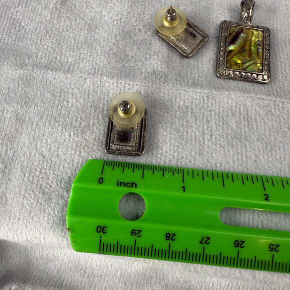 Vintage Silver Tone Pendant & Earrings Set Iridescent Abalone Shell Insets - Picture 7 of 16